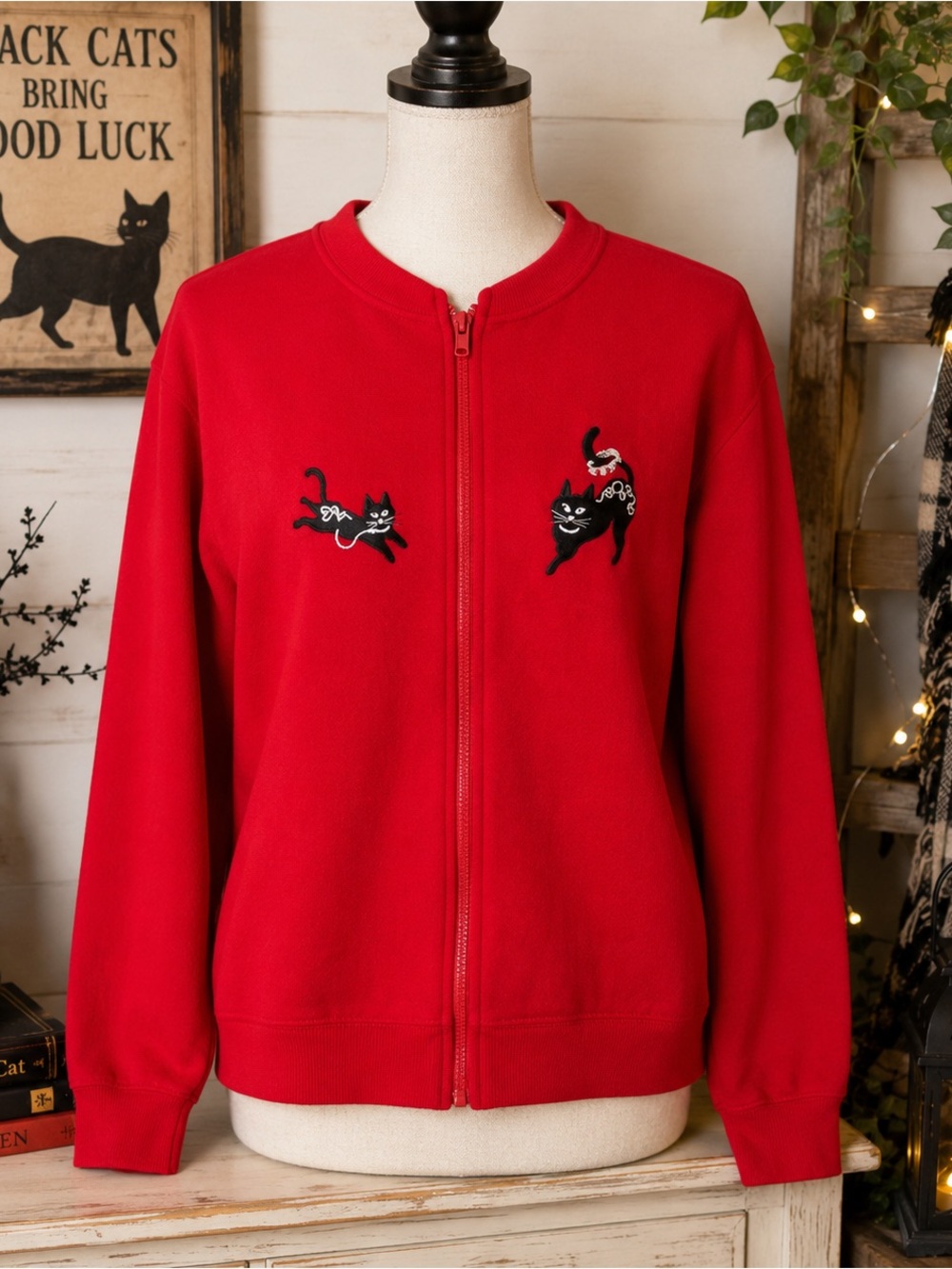 Vintage 90s Fruit of the Loom Red Full Zip Black Cats Applique Sweatshirt M